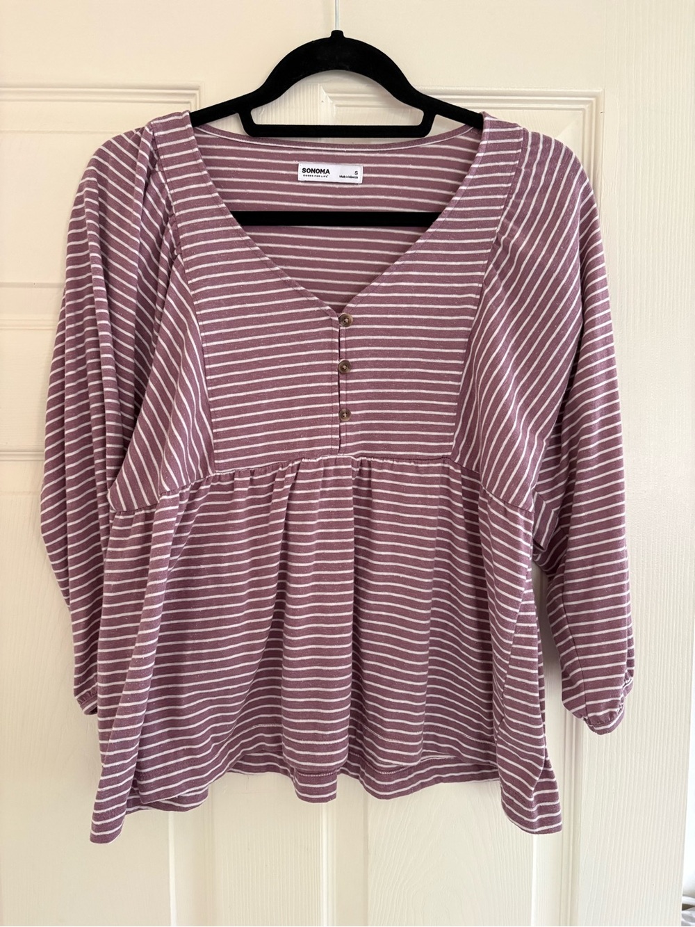 Sonoma Mauve and White Striped V-Neck Peplum Top